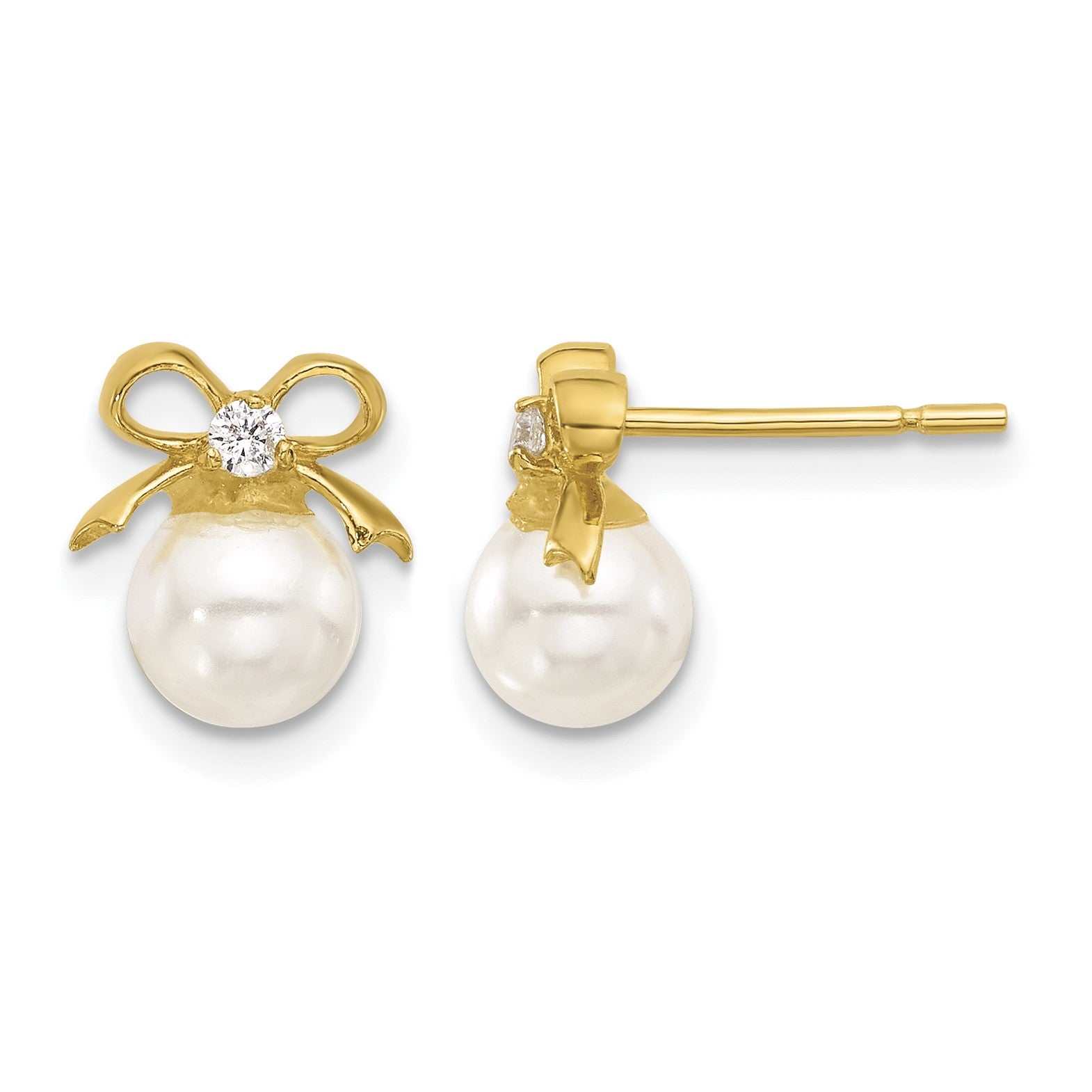 Sterling Silver Gold-tone Polished CZ and Synthetic Pearl Bow Post Earrings