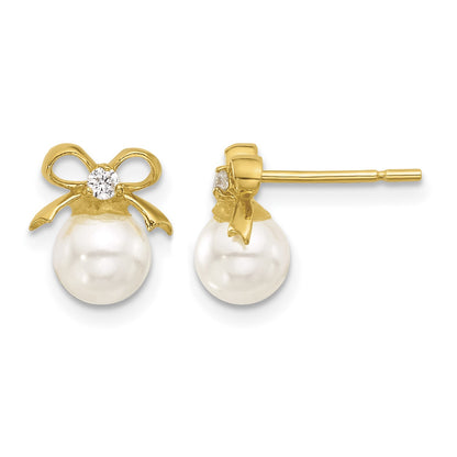 Sterling Silver Gold-tone Polished CZ and Synthetic Pearl Bow Post Earrings
