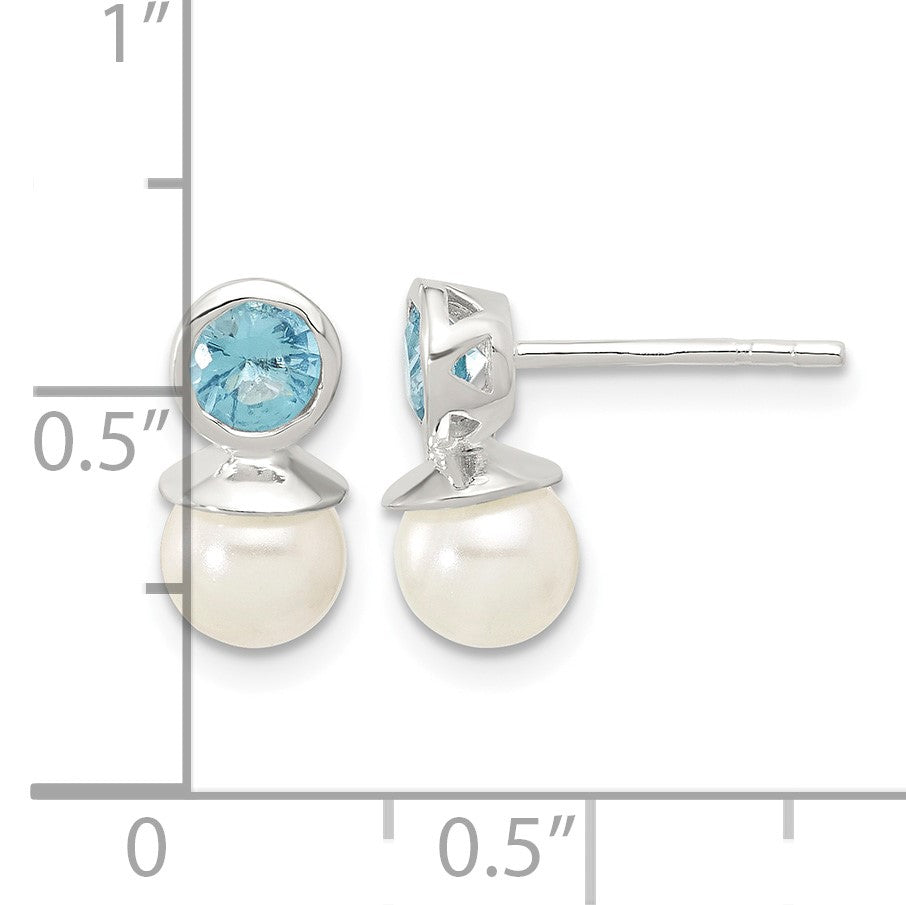 Sterling Silver Polished Blue CZ and 6-6.5mm Glass Pearl Post Earrings