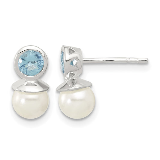 Sterling Silver Polished Blue CZ and 6-6.5mm Glass Pearl Post Earrings