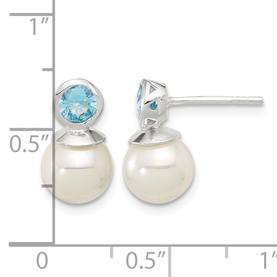 Sterling Silver Polished Blue CZ and 8-8.5mm Glass Pearl Post Earrings