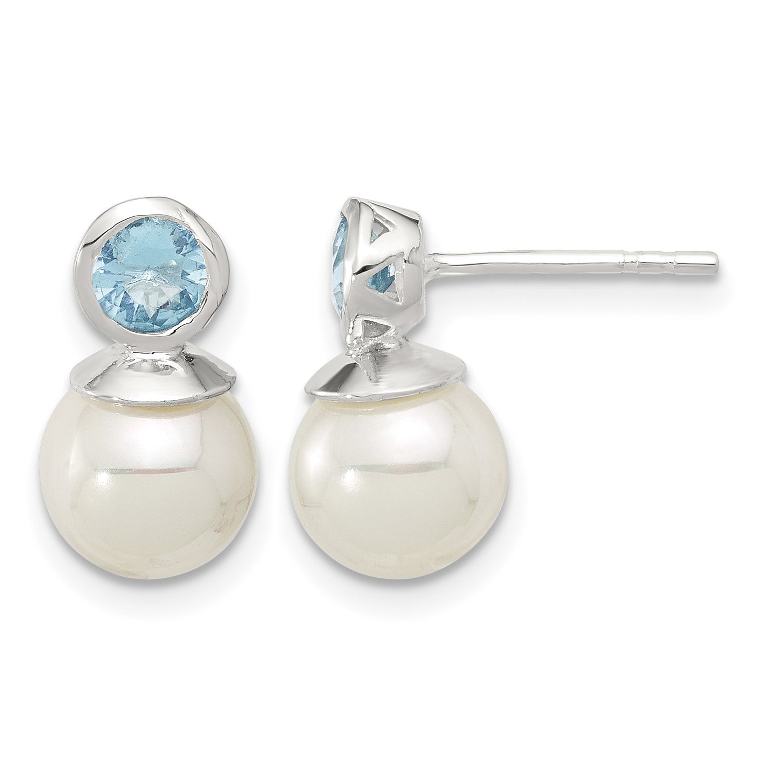 Sterling Silver Polished Blue CZ and 8-8.5mm Glass Pearl Post Earrings
