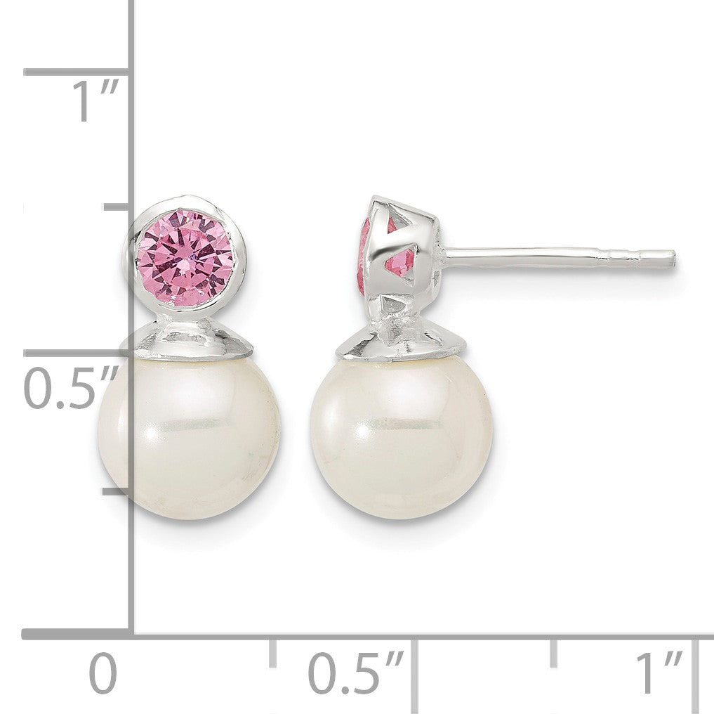 Sterling Silver Polished Pink CZ and 8-8.5mm Glass Pearl Post Earrings