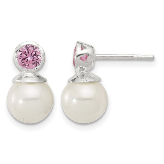 Sterling Silver Polished Pink CZ and 8-8.5mm Glass Pearl Post Earrings