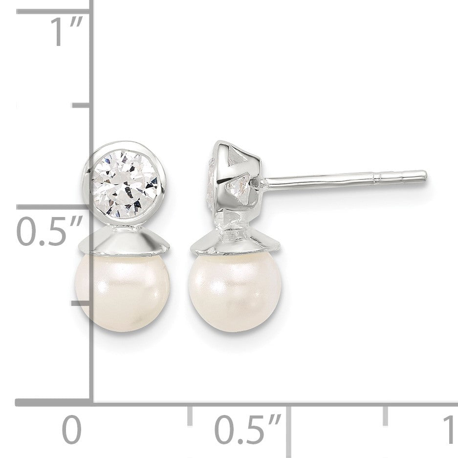 Sterling Silver Polished CZ and 6-6.5mm Glass Pearl Post Earrings