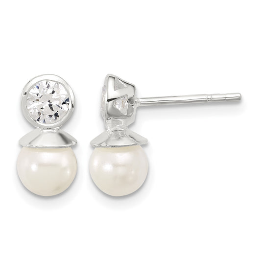 Sterling Silver Polished CZ and 6-6.5mm Glass Pearl Post Earrings