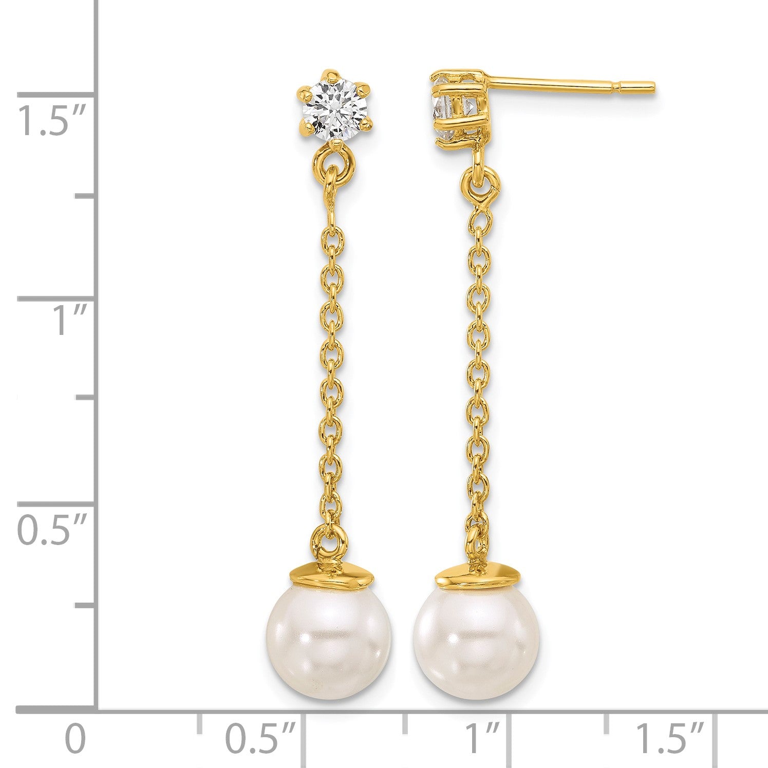 Sterling Silver Gold-tone Polished CZ and Imitation Pearl Dangle Earrings
