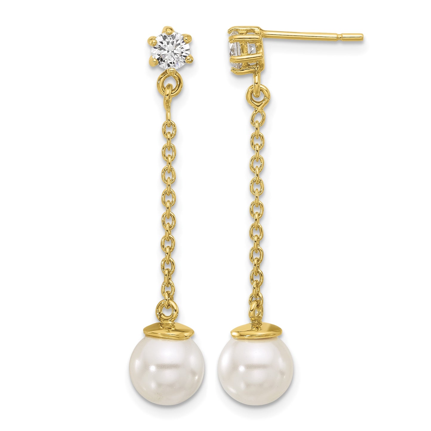 Sterling Silver Gold-tone Polished CZ and Imitation Pearl Dangle Earrings