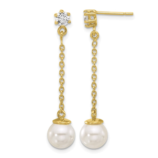 Sterling Silver Gold-tone Polished CZ and Imitation Pearl Dangle Earrings