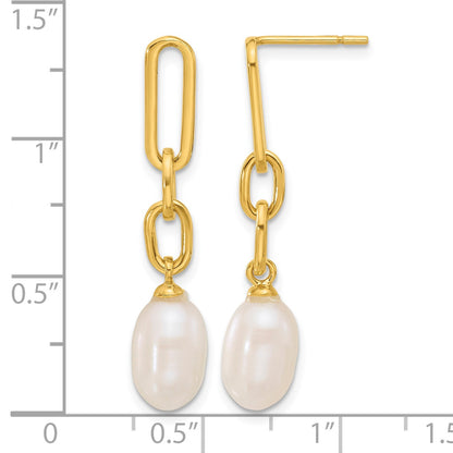 Sterling Silver Gold-tone Polished Synthetic Pearl Link Dangle Earrings