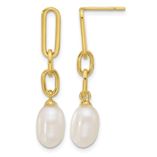 Sterling Silver Gold-tone Polished Synthetic Pearl Link Dangle Earrings