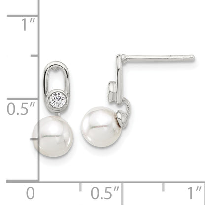 Sterling Silver E-coated Polished 6-7mm Shell Pearl and CZ Post Earrings