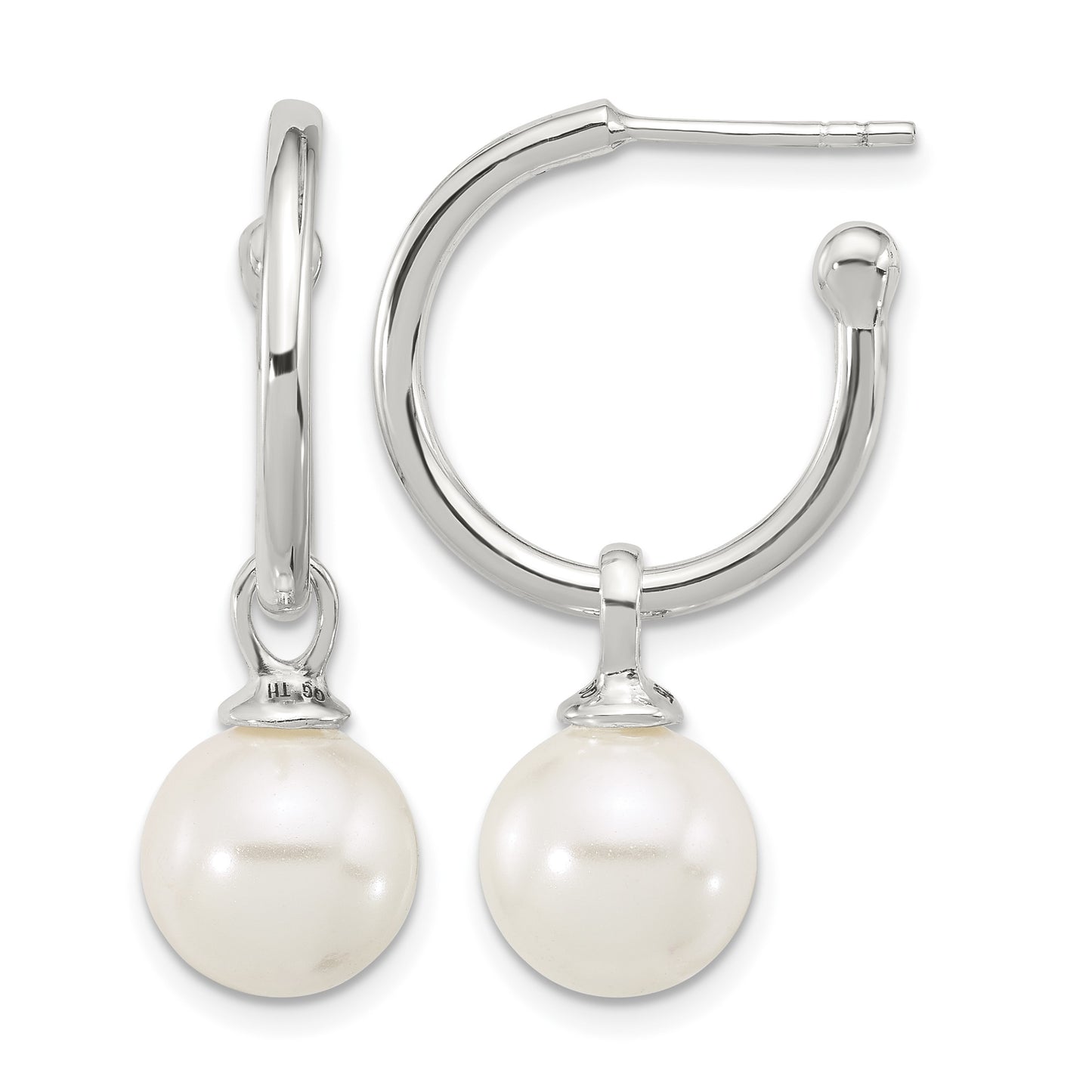 Sterling Silver Polished Dangling 10mm Glass Pearl Post C-Hoop Earrings