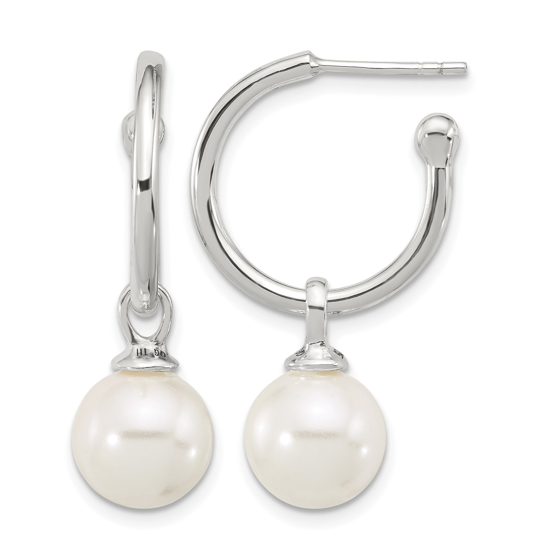 Sterling Silver Polished Dangling 10mm Glass Pearl Post C-Hoop Earrings