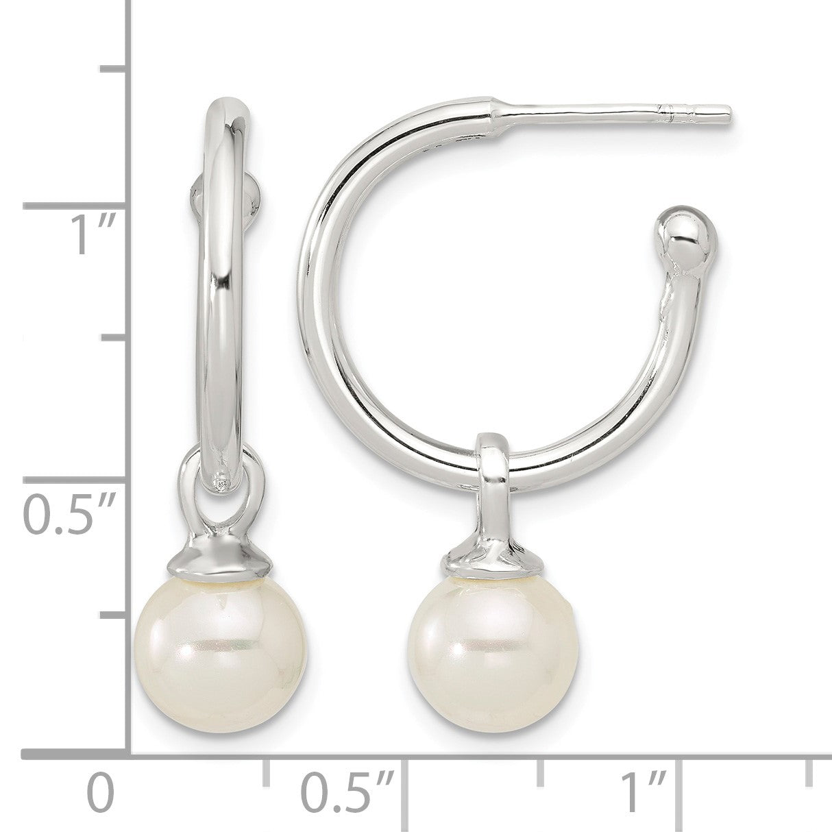 Sterling Silver Polished Dangling 8mm Glass Pearl Post C-Hoop Earrings
