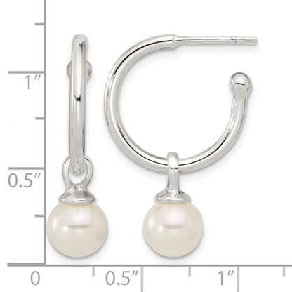 Sterling Silver Polished Dangling 8mm Glass Pearl Post C-Hoop Earrings
