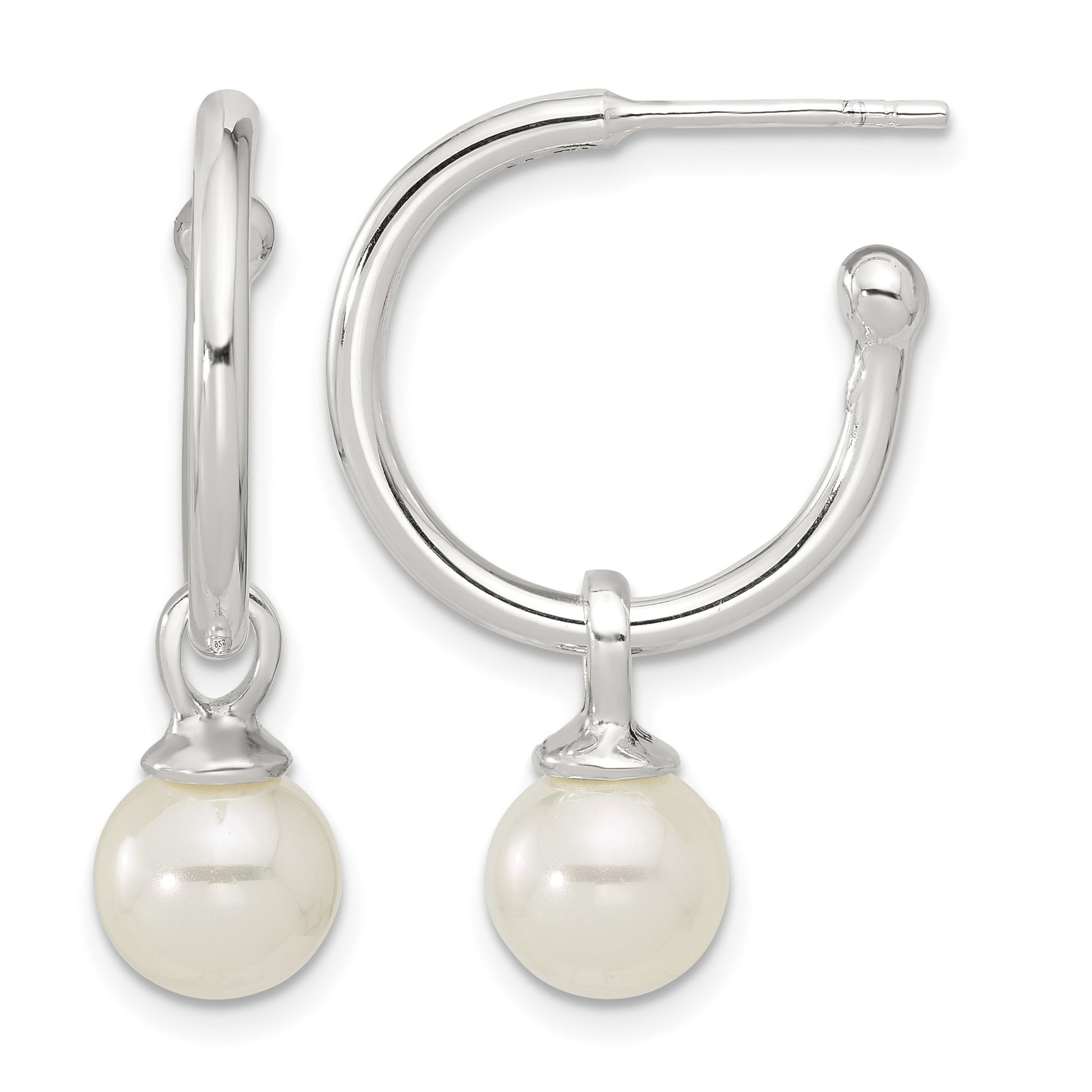 Sterling Silver Polished Dangling 8mm Glass Pearl Post C-Hoop Earrings