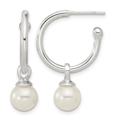Sterling Silver Polished Dangling 8mm Glass Pearl Post C-Hoop Earrings