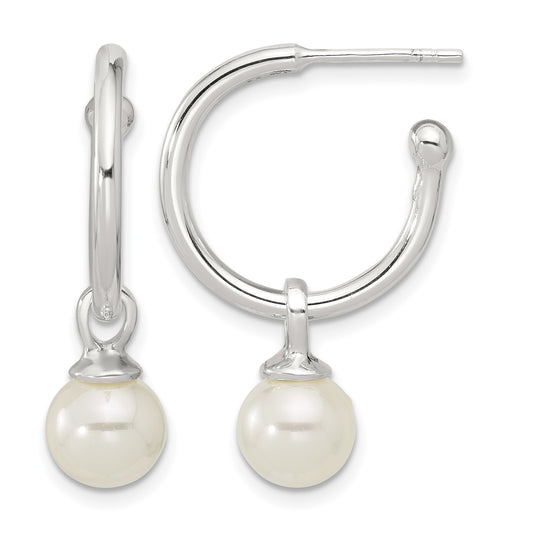 Sterling Silver Polished Dangling 8mm Glass Pearl Post C-Hoop Earrings