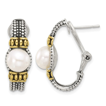 Sterling Silver Gold-tone Antiqued Synthetic Pearl Omega Back Earrings