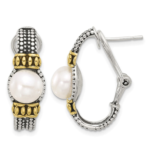 Sterling Silver Gold-tone Antiqued Synthetic Pearl Omega Back Earrings