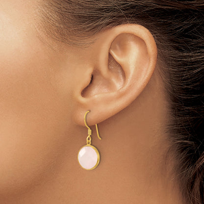 Sterling Silver Gold-plated Polished Round Rose Quartz Dangle Earrings