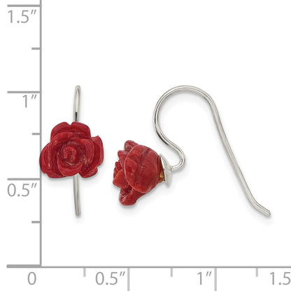 Sterling Silver Polished Red Coral Rose Dangle Earrings