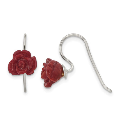Sterling Silver Polished Red Coral Rose Dangle Earrings