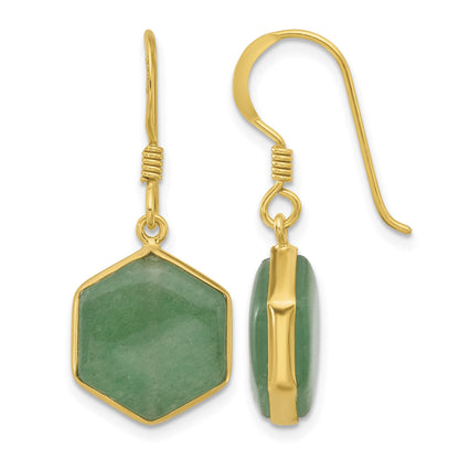 Sterling Silver Gold-plated Polished Hexagon Aventurine Dangle Earrings