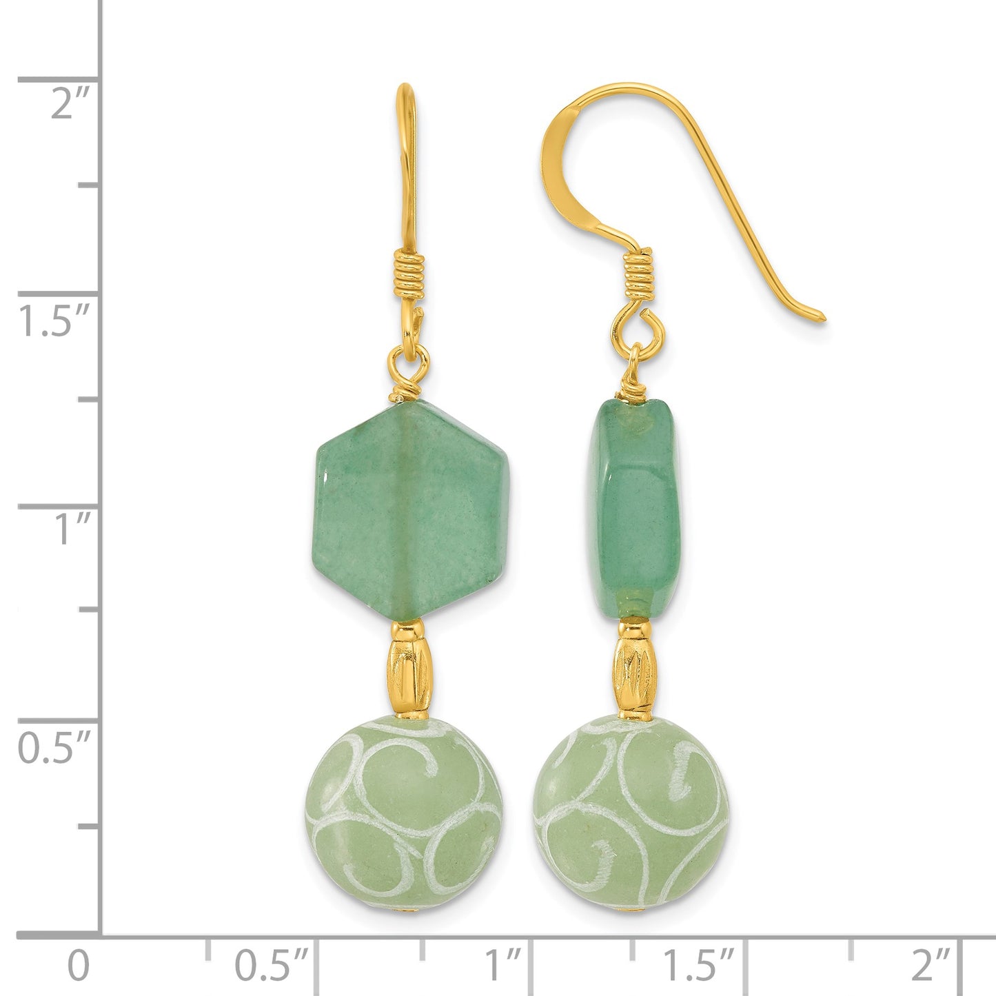 Sterling Silver Gold-pltd Hexagon Aventurine & Swirl Jade Dangle Earrings