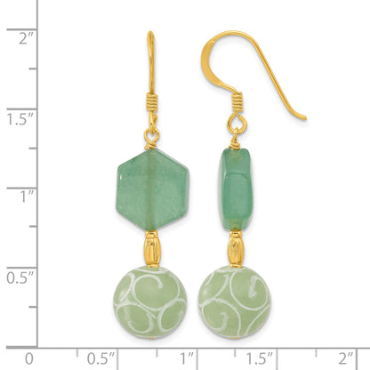 Sterling Silver Gold-pltd Hexagon Aventurine & Swirl Jade Dangle Earrings