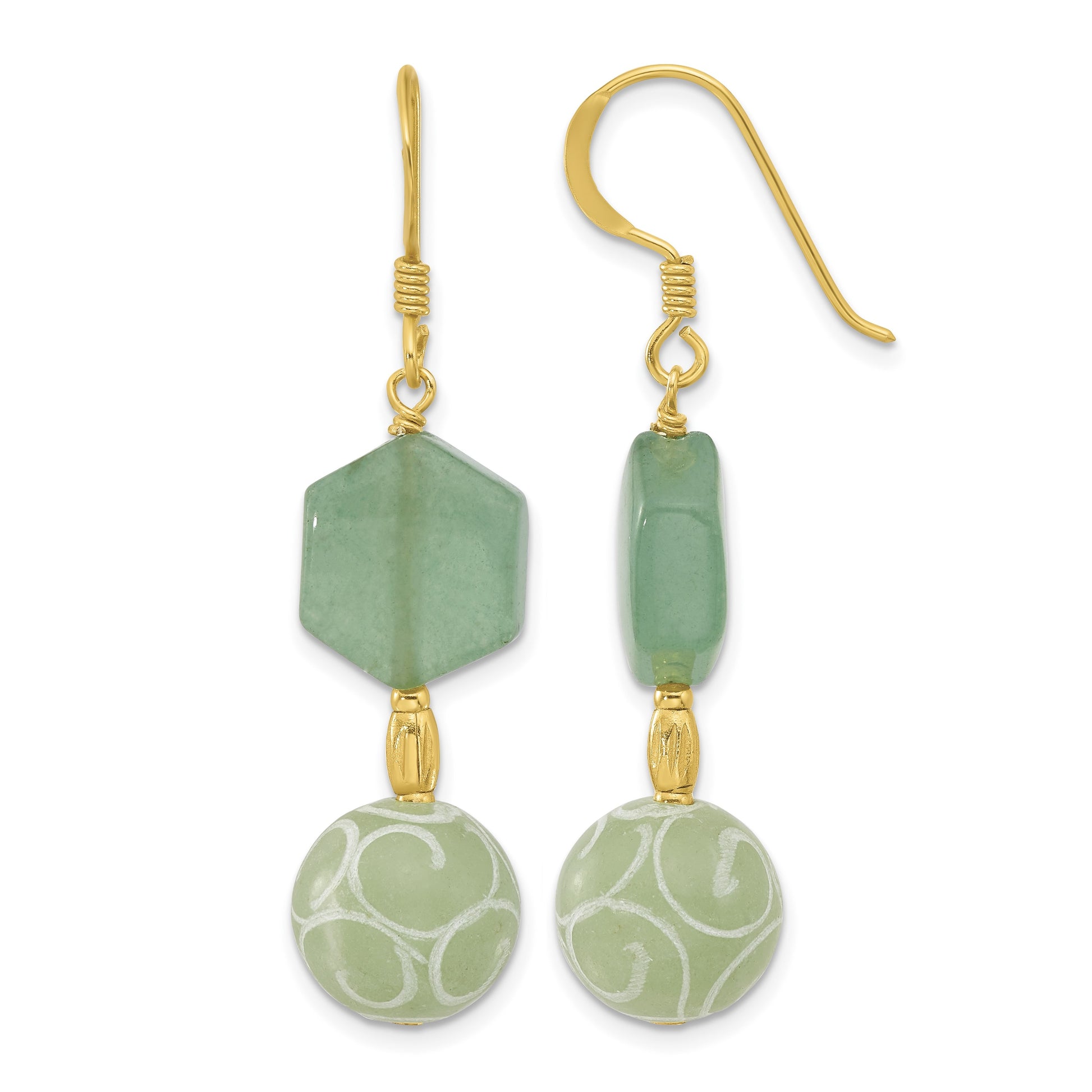 Sterling Silver Gold-pltd Hexagon Aventurine & Swirl Jade Dangle Earrings