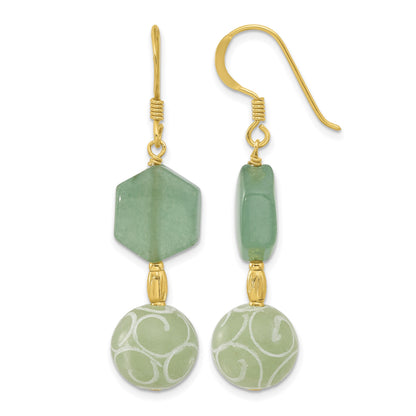 Sterling Silver Gold-pltd Hexagon Aventurine & Swirl Jade Dangle Earrings