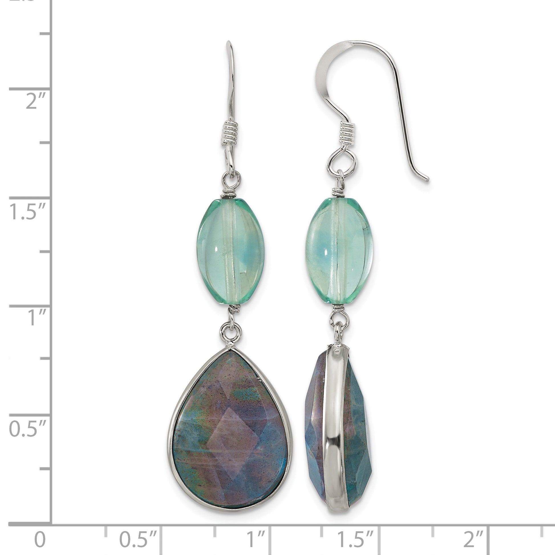 Sterling Silver Polished Fluorite & Labradorite Teardrop Dangle Earrings