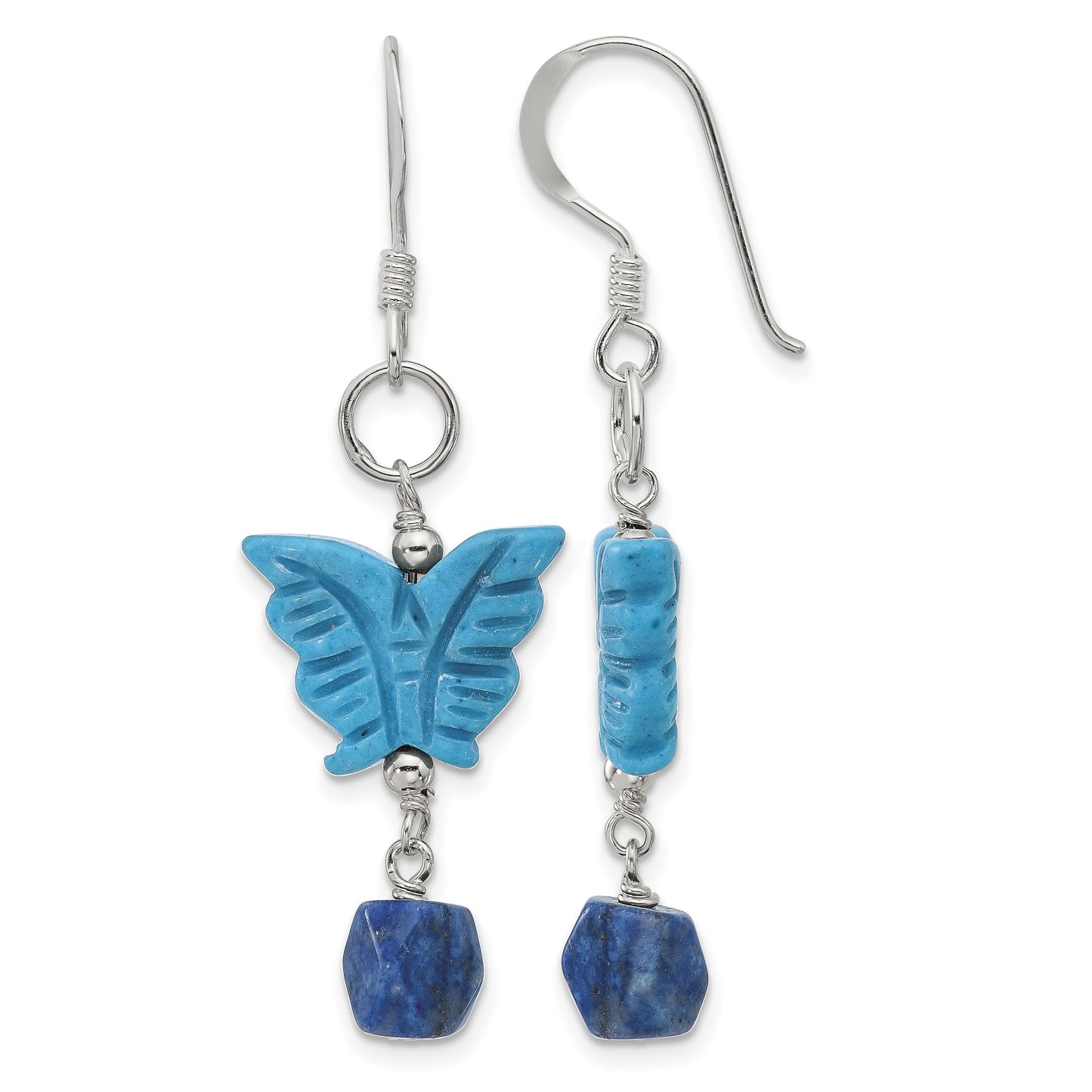 Sterling Silver Polished Lapis & Dyed Howlite Butterfly Dangle Earrings
