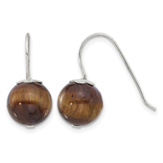 Sterling Silver Polished 10mm Round Tiger's Eye Dangle Earrings