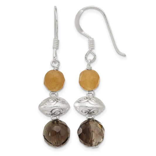 Sterling Silver Textured Red Aventurine/Smoky Quartz Dangle Earrings