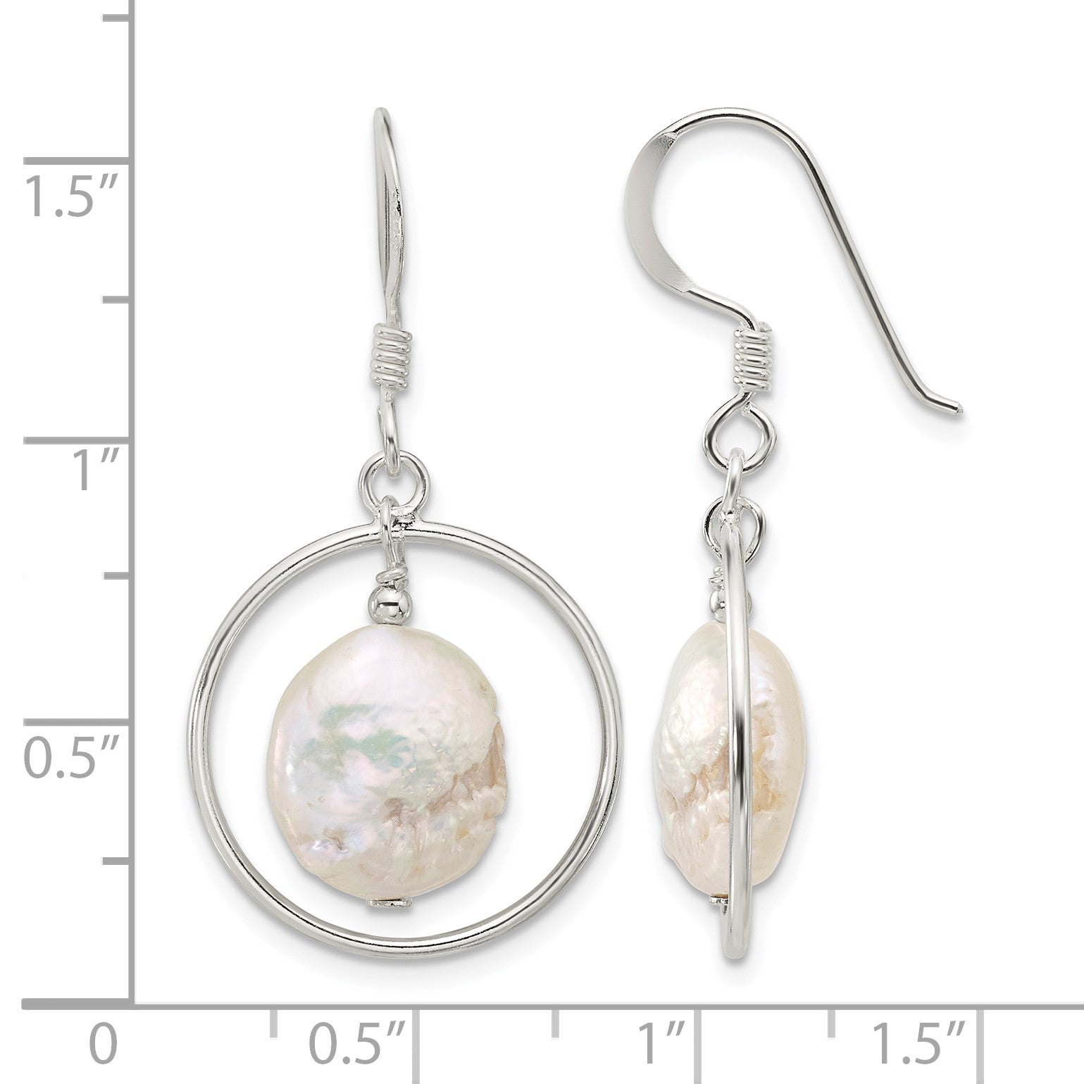 Sterling Silver Polished FWC Coin Pearl Circle Dangle Earrings