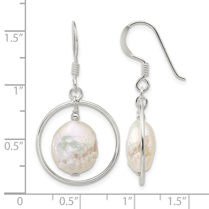 Sterling Silver Polished FWC Coin Pearl Circle Dangle Earrings