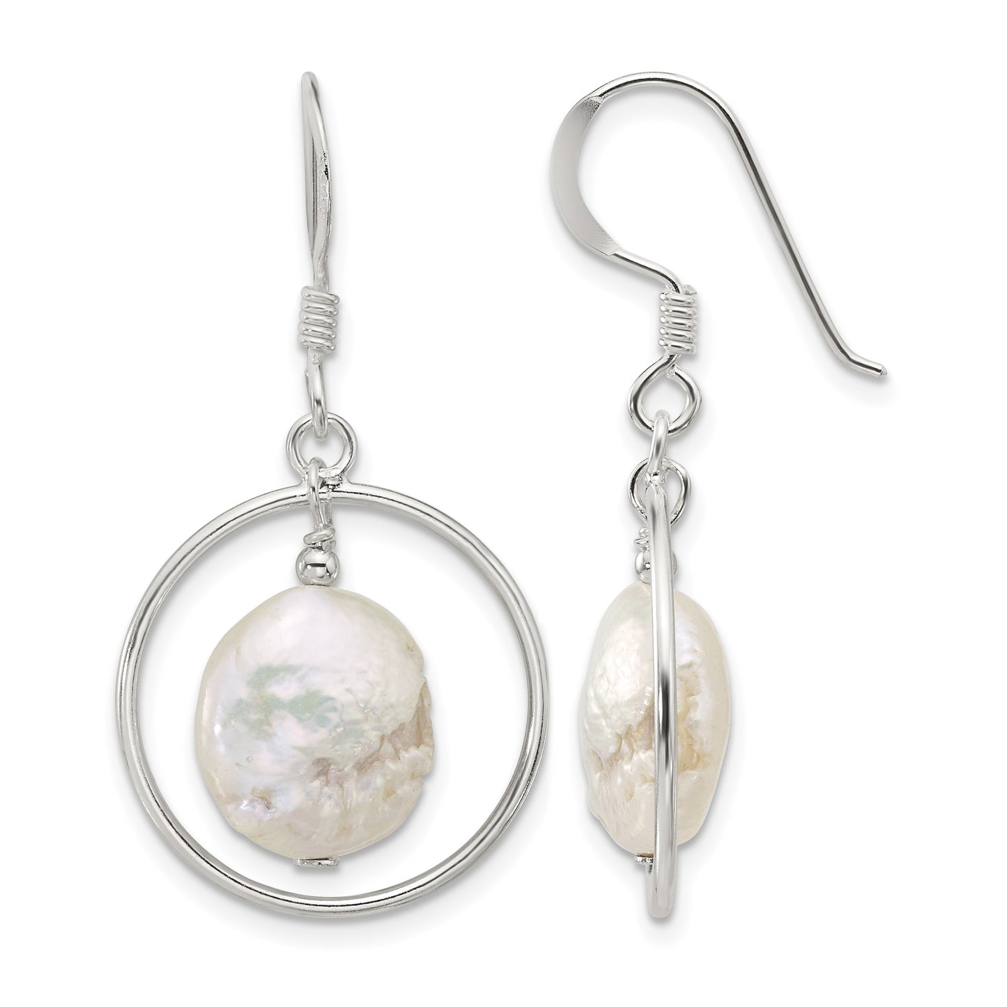 Sterling Silver Polished FWC Coin Pearl Circle Dangle Earrings