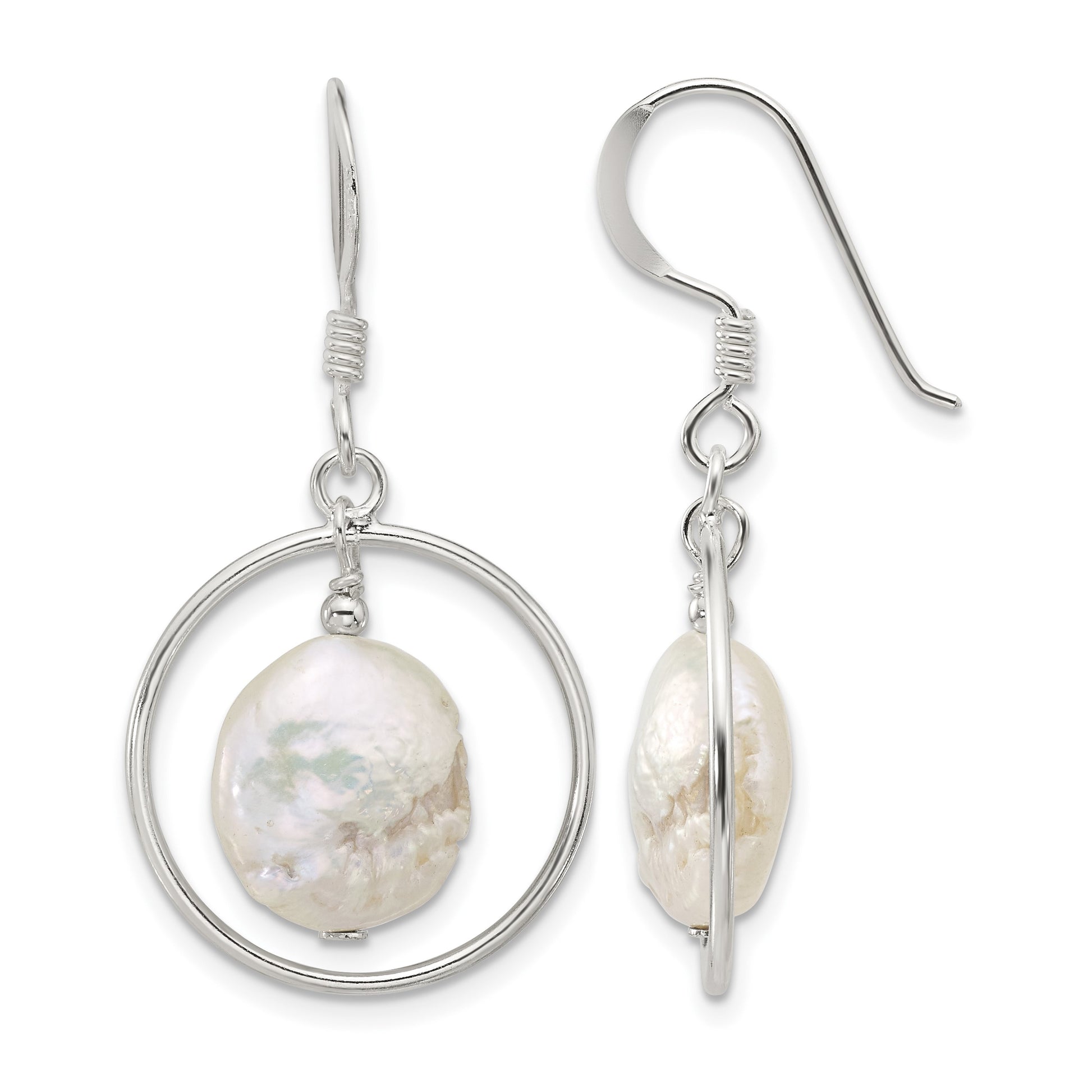 Sterling Silver Polished FWC Coin Pearl Circle Dangle Earrings