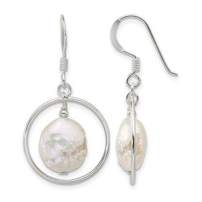 Sterling Silver Polished FWC Coin Pearl Circle Dangle Earrings