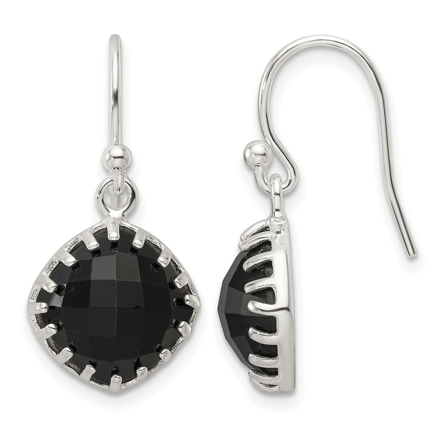 Sterling Silver Polished Checkerboard Onyx Cushion Dangle Earrings