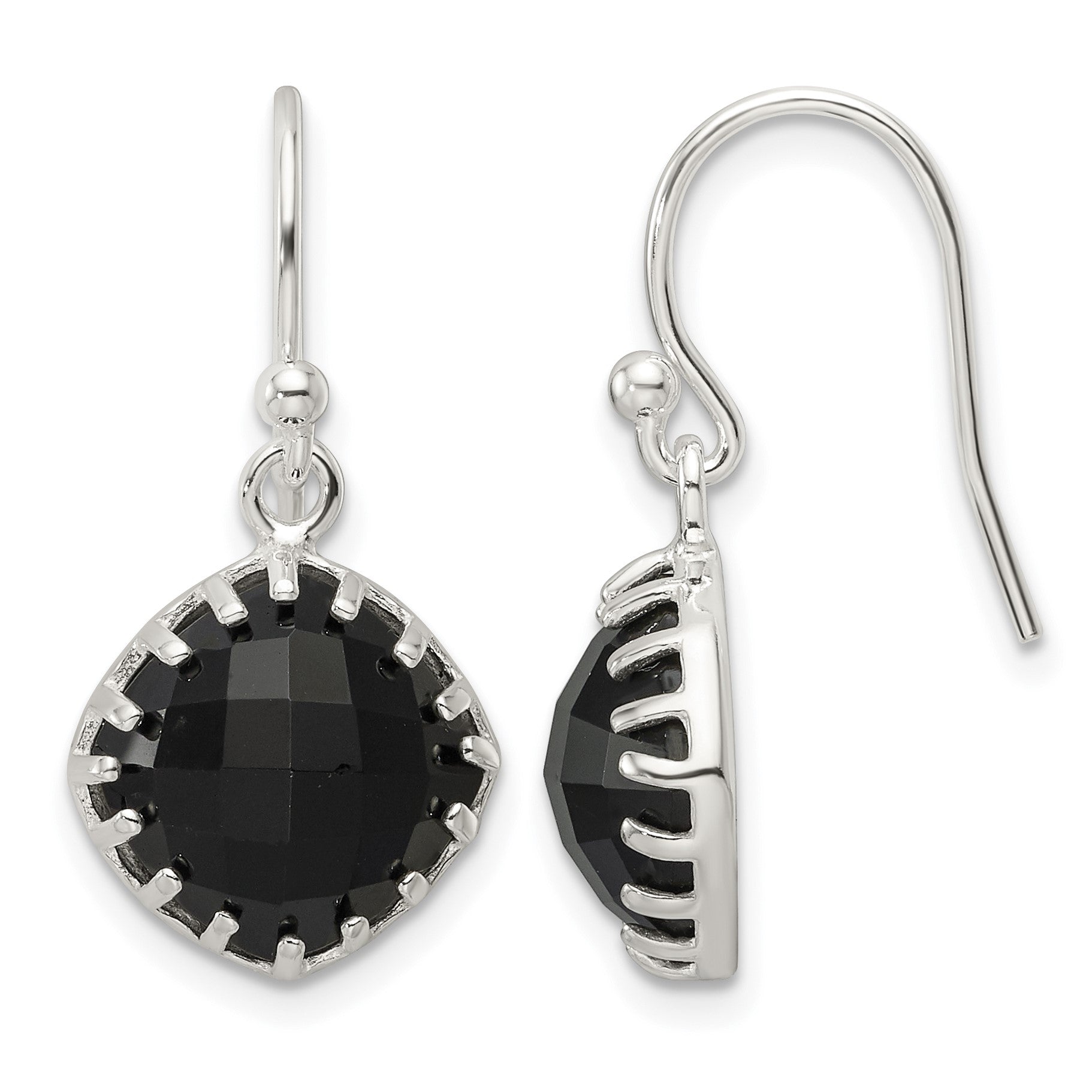 Sterling Silver Polished Checkerboard Onyx Cushion Dangle Earrings