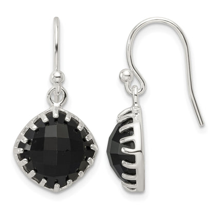 Sterling Silver Polished Checkerboard Onyx Cushion Dangle Earrings