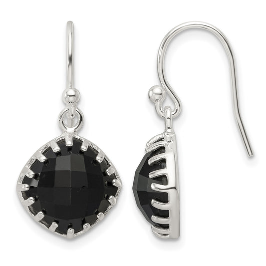 Sterling Silver Polished Checkerboard Onyx Cushion Dangle Earrings