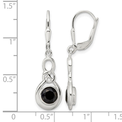 Sterling Silver Polished Onyx Knot Leverback Dangle Earrings