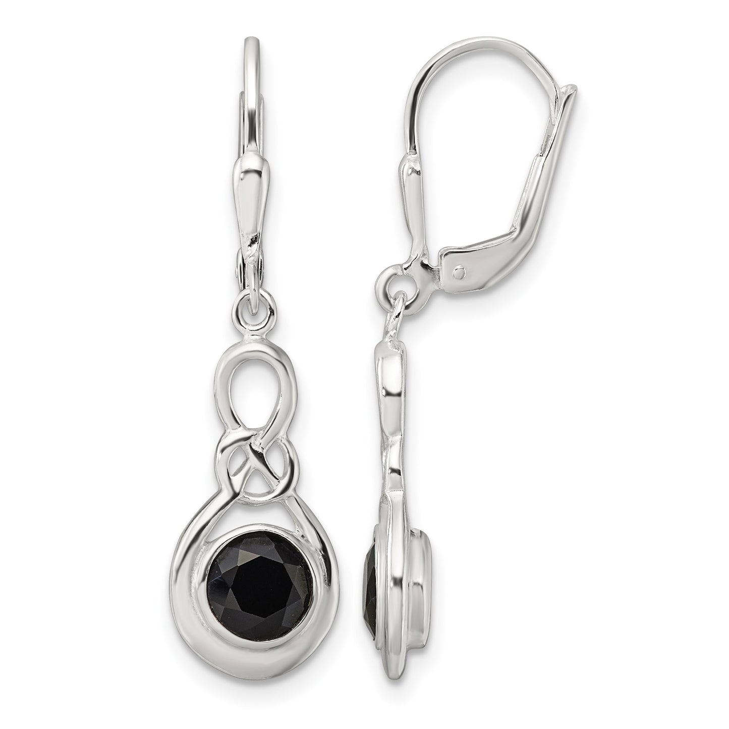 Sterling Silver Polished Onyx Knot Leverback Dangle Earrings