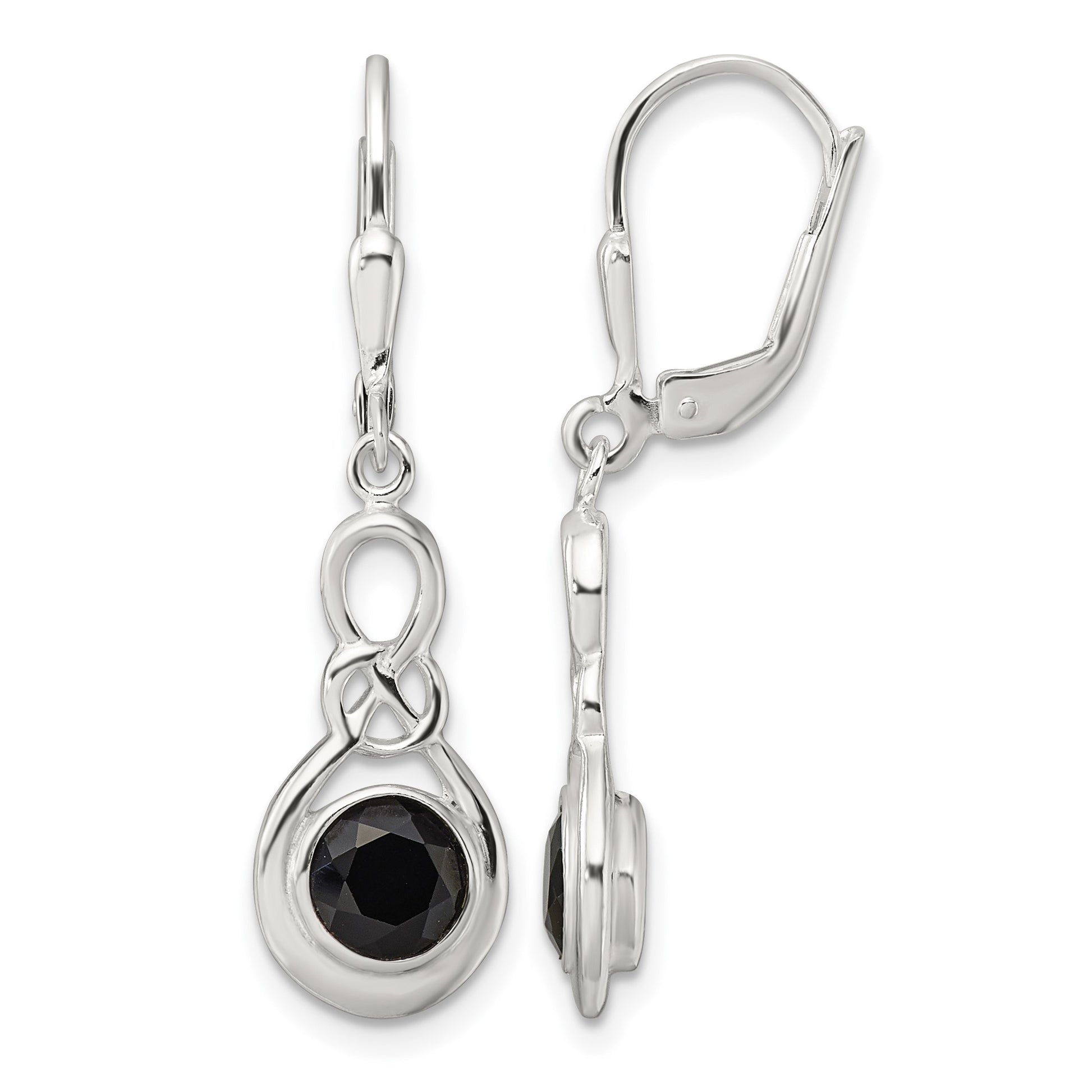 Sterling Silver Polished Onyx Knot Leverback Dangle Earrings