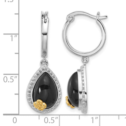 Sterling Silver Rhodium-plated w/ 14k accent Flower & Black Onyx Beaded Teardrop Round Dangle Hoop Earrings